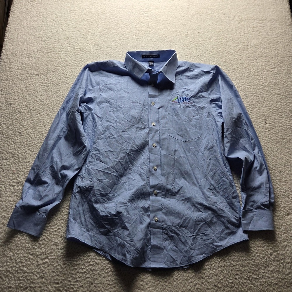 Devon & Jones Dress Shirt Mens L Blue Check Classic Fit Long Sleeve Woven